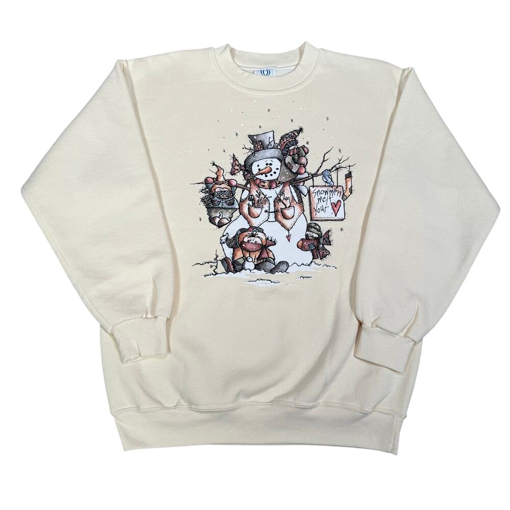 Vintage Snowman Family Graphic Sweatshirt Yellow Winter Scene 90s USA Large